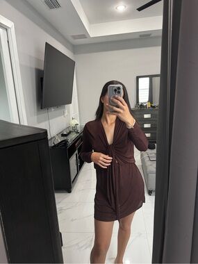 showpo brown dress mini Dark Brown Linen Long Sleeve Tiered Dress with Elastic Casing Back – Dannie  and Lilou